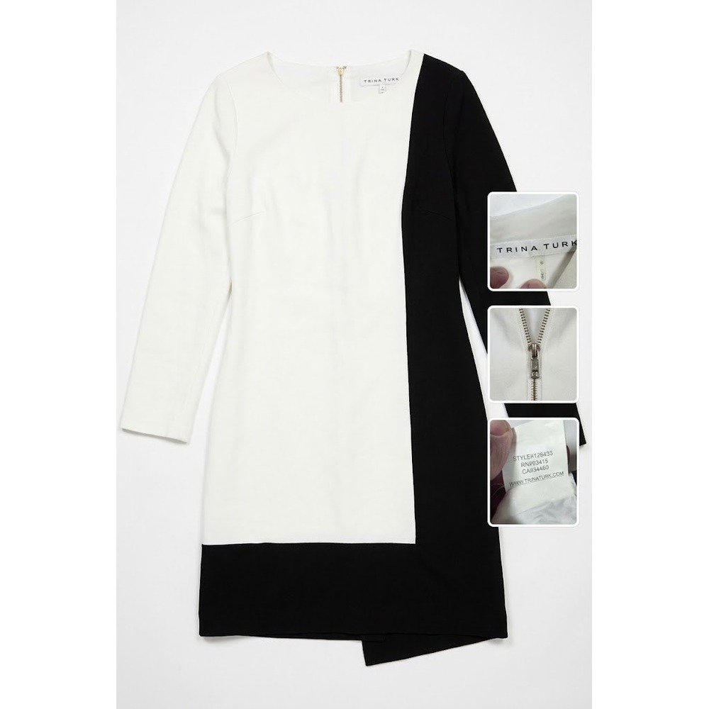 Trina Turk Dress Womens 6 Black White Colorblock Long Sleeve Mod Ponte Shift